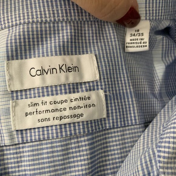 Calvin Klein Slim Fit Button Up Shirt XL Blue Checkered Long Sleeves Cotton - Picture 6 of 6